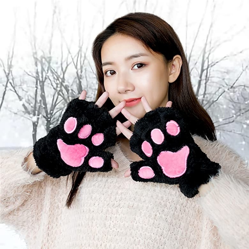 2 Pack Fingerless Warm Gloves for Women,Plush Cat Mitten Gloves,Winter - Picture 3 of 5